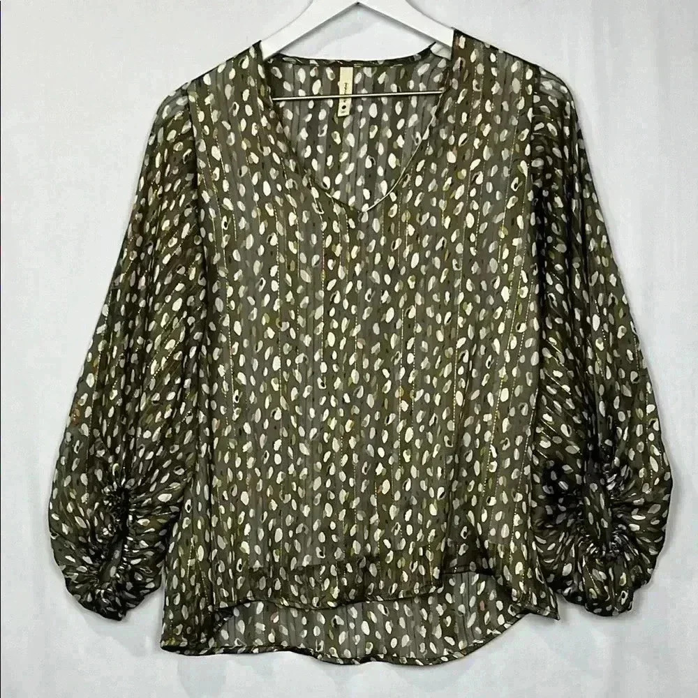 Tyche Womens Blouse S Beige Olive Green Metallic 3/4 Balloon Sleeves Vneck EUC